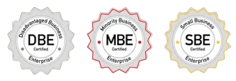 DBE, MBE, and SBE certified enterprise logos.